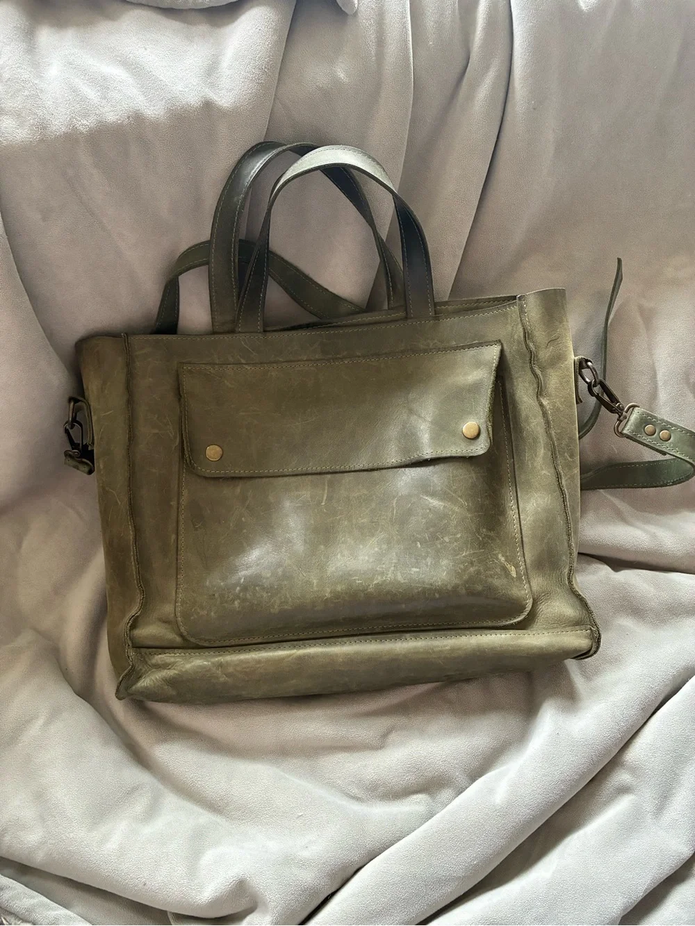 Olive Green Leather Tote with Front Pocket